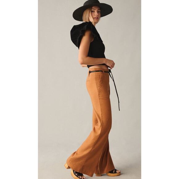 Anthropologie Maeve Plus Sz 22 The Naomi Linen Wide Leg Flare Brown Flare Pants - Picture 1 of 13